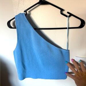 VICI One-Shoulder Light Blue Ribbed One Shoulder Crop Top